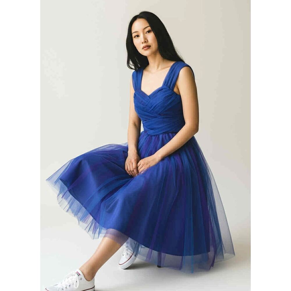 Vintage 1980s Masquerade Blue Tulle Prom Dress Ruched Sweetheart Midi Sz 3/4 EUC